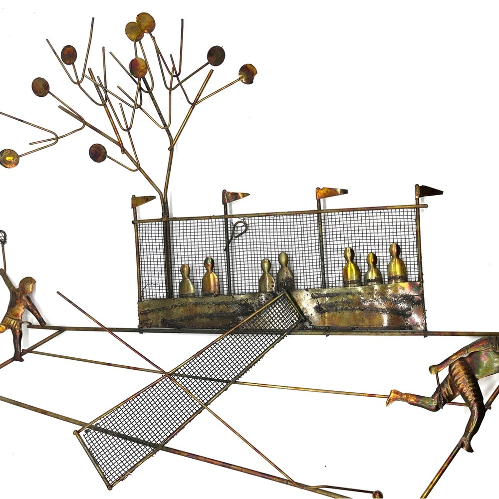 MCM Artwork Modernist Brass Man playing Tennis Metal Wall Hanger Sculpture.